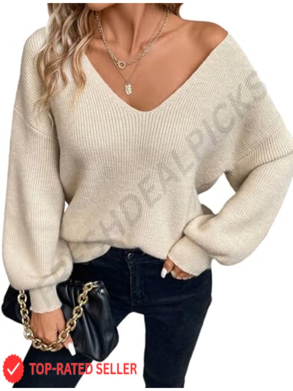 ZAUL Cropped V-Neck Sweater Long Sleeve Knit Pullover Jumper Top